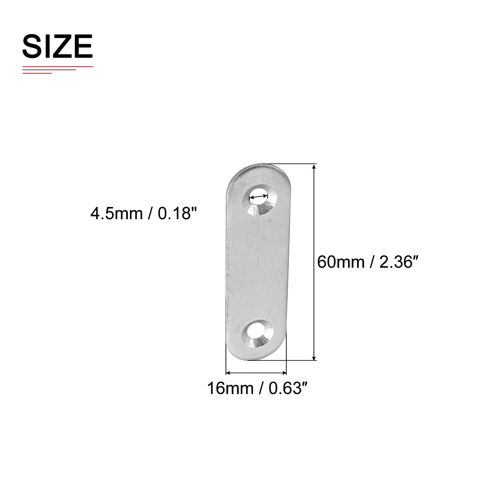 DTGN 60x16x1.7mm(LxWxT) Flat Straight Brace Plate -4Pack- Good for Furniture Repairing - Stainless Steel Brace Plate - Silver Tone - Image 2