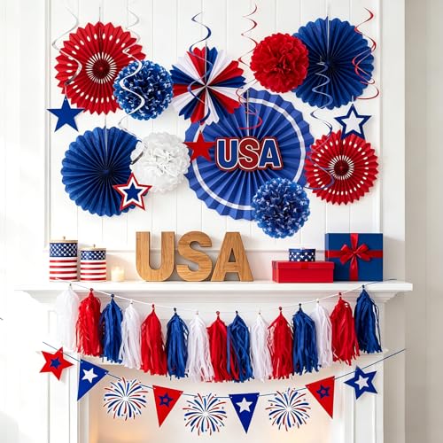 Image of 4th of July Patriotic Decorations 250th Anniversary Red White Blue Paper Fans Pompom Star Tassel Garland Independence Day Hanging Swirls for Fourth of July Memorial Party Supplies Decor