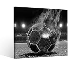 Leinwandbild 1Tlg Fussball in Flammen Fußball Feuer Schwarz weiß Leinwand Bild Bilder Holz gerahmt 9U2142, BxH Format:40x40cm