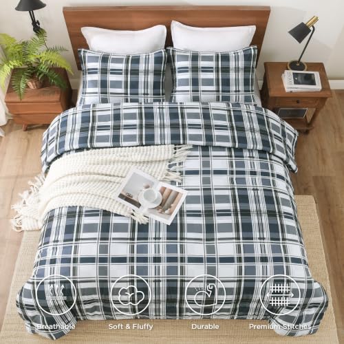 Image of Andency Navy Plaid Comforter Set Queen(90x90Inch), Gingham Checkered Grid Stripes Bedding Comforter Sets for Boys Girls Kids, 3 Pieces Preppy Geometric Line Soft Lightweight Reversible Bed Set as Gift