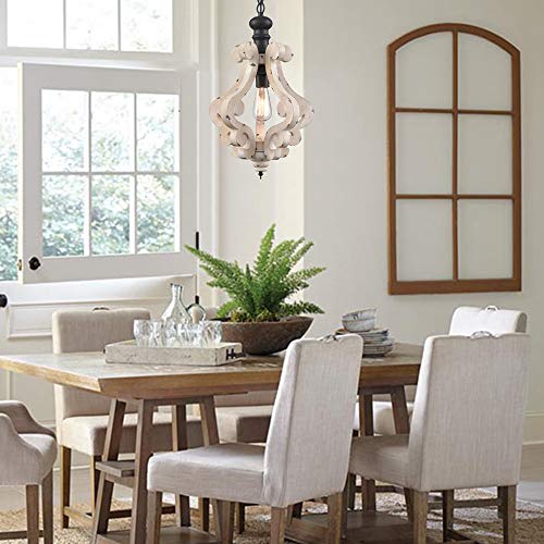 Claxy Wooden Pendant Light Distressing Off-White Finish Farmhouse Chandelier #TOP1