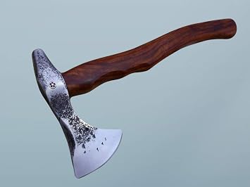Camper Axe, 14 Inches Long Hand Forged Carbon Steel with Rose Wood Round Handle Bearded Hiking Battle Axe, Thick Cow Hide Leather Sheath