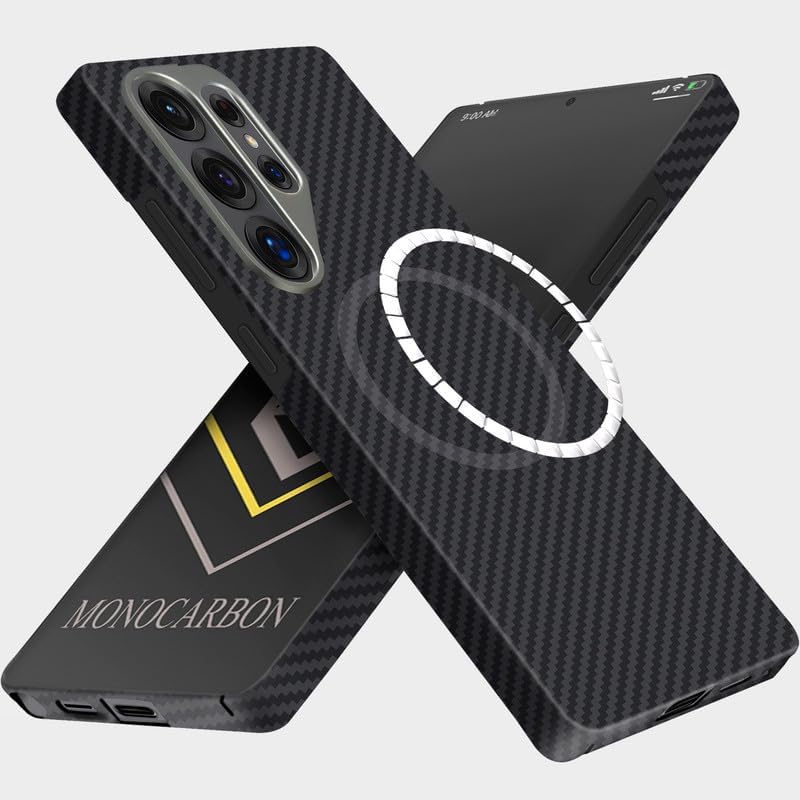 MONOCARBON Real Aramid Fiber Case for Samsung Galaxy S25 Ultra 6.9", MagSafe Compatible, Ultra Slim & Lightweight Protective Hard Cover, with Metal Camera Frame & Screen Protection Edge