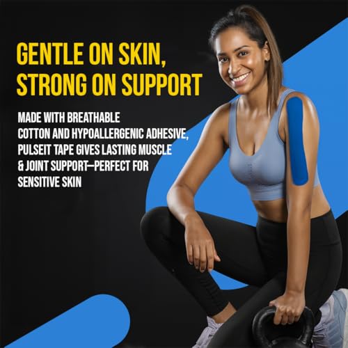 Image of PulseITSportsTape Kinesiology Tape- Waterproof & Sweatproof Sports Tape for Muscle Support, Pain Relief & Injury Recovery | Athletic Physio Tape for Knee, Shoulder, Ankle. 5cm x 5m (Plain, Blue)