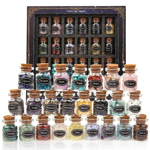 EnMart 24 Pezzi Mini Bottiglie di Vetro dei Desideri, Bottiglie di Cristalli con Pietre preziose curative, schegge di Cristallo di Pietre preziose burattate Non forate Pietre per Gioielli con Collana