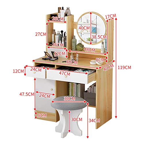 Mesa de tocador con espejo de 80 cm y taburete moderno con cajones para dormitorio 8