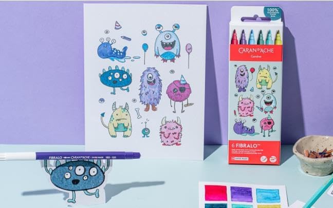 Caran d'Ache Fibralo Kawaii 0185.801 Set of 6 Felt Tip Pens Funny Monsters Colourful Washable Children's Colouring Pencils Drawing Pens School Creative image 4
