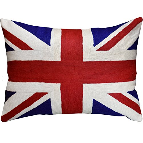 Kashmir Designs Kissenbezug mit britischer Flagge im Lendenwirbelbereich, britische Flagge, Kissen mit Union-Jack-Motiv, rot, patriotisches Kissen, handbestickte Wolle, Größe 35.6 x 50.8 cm Cover