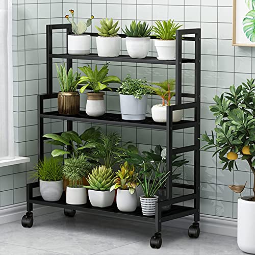 Soporte de metal para plantas de 3 niveles con ruedas, estilo escalera, estante para macetas para interiores y exteriores, balcón, jardín, color negro