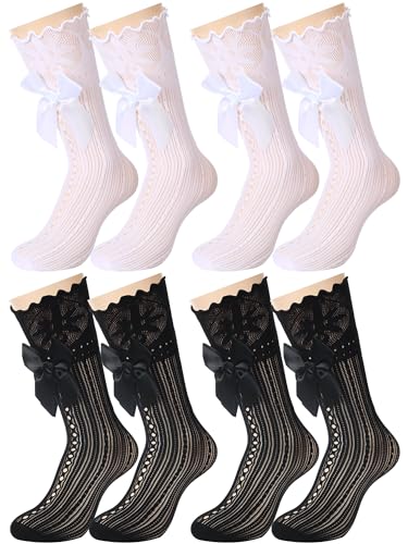 4 Pairs Little Girl Knee High Socks Kids Lace Long Socks with Bow Ruffle for The First Communion 5-12 Years Old