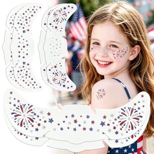 Mysense Waterproof 4th of July Temporary Tattoos Red-White-Blue Patriotic Glitter Freckles Sparkle Face Stickers Easy to Apply Accessories for Women Independence Day Parade & Outfits 6 Sheets