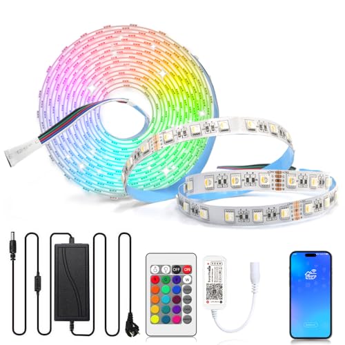 Tira de LED 24V 5m RGBW Tira LED Blanco cálido 5050 regulables autoadhesiva Banda de luz DIY con control remoto WIFI y fuente de alimentación para decoración de interiores Cocina Sala de estar