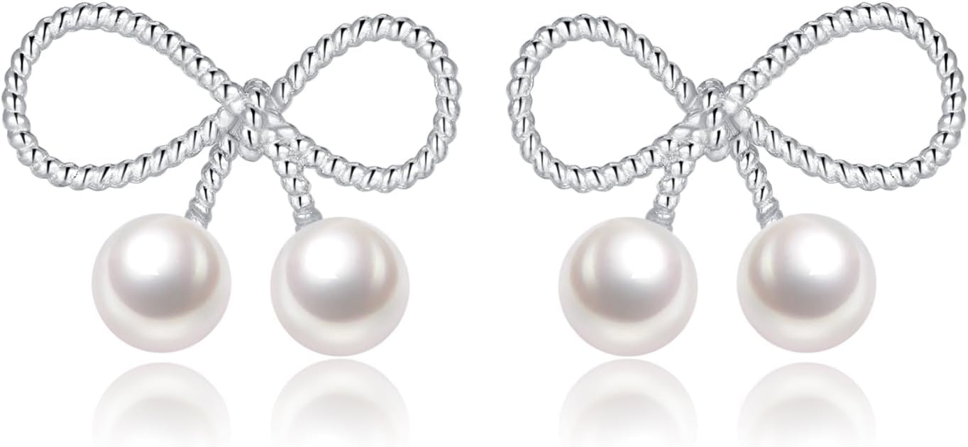 Reffeer Solid 925 Sterling Silver Bow Stud Earrings Ribbon for Women Teen Girls Bowknot Stud Earrings Pearls