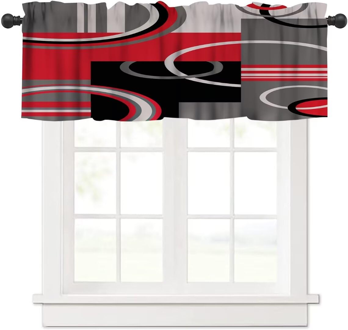 Red Black Gray Geometric Window Valance Curtain, Mordern Red Abstract Stripe Retro Circle Swirls Window Treatment Valances for Kitchen Living Room Café Décor 54'x18', 1 Panel