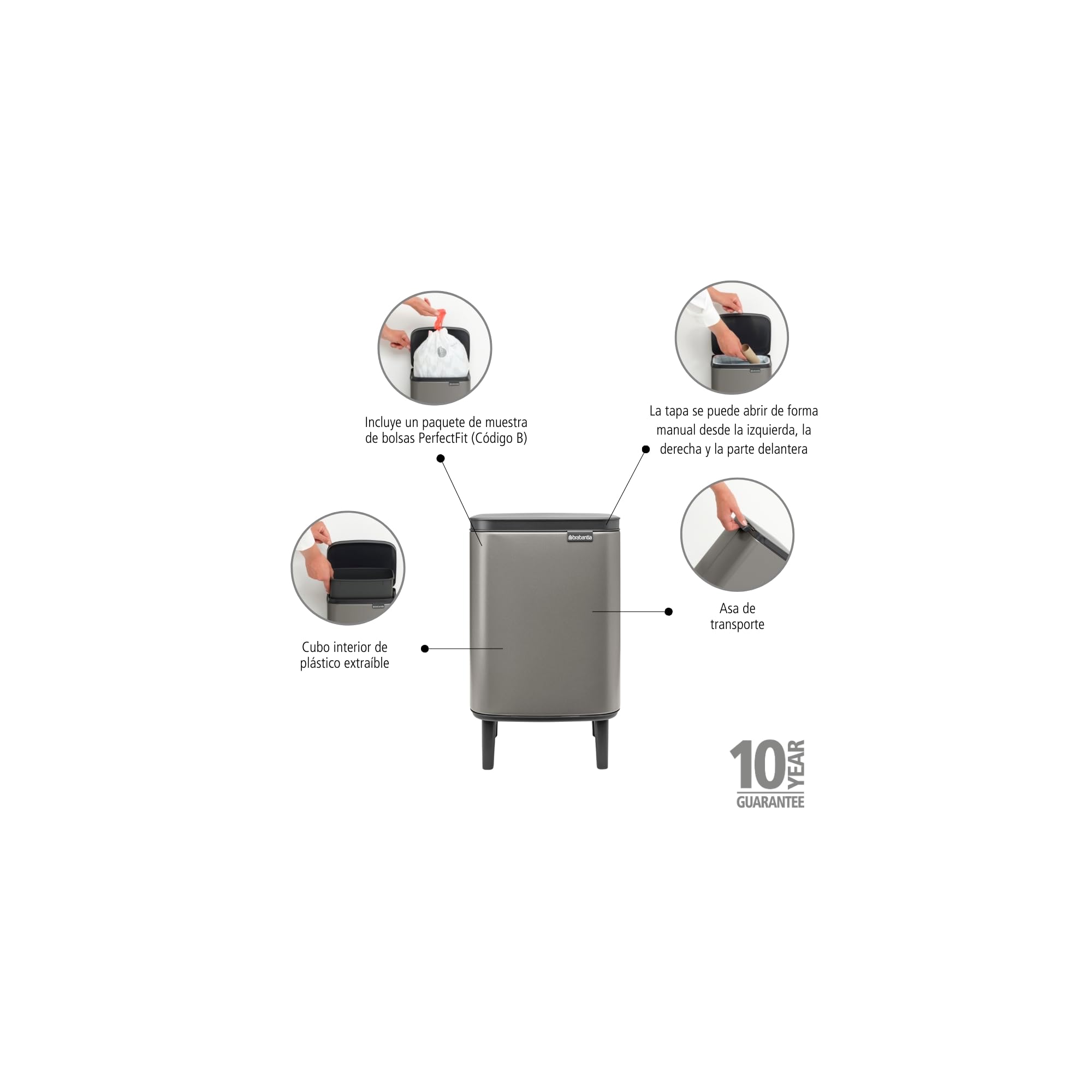 Brabantia - Cubo de basura Bo Hi 12 L con tapa de cierre suave, interior extraíble y asa de transporte - Adecuado para baño, dormitorio y oficina en casa - White