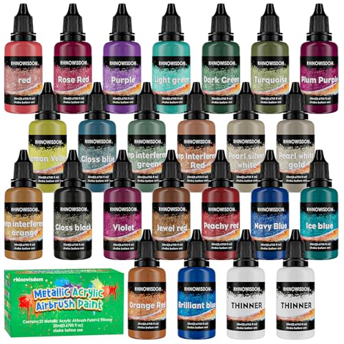 Airbrush Paint - 22 Colors with 2 Thinner Metallic Air Brush Paint Set, Ready to Spray Water-Based Opaque & Neon & Iridescent Acrylic Paint for Beginners Hobbyist, Air brush Paint Kit, 20 ml/Bottle