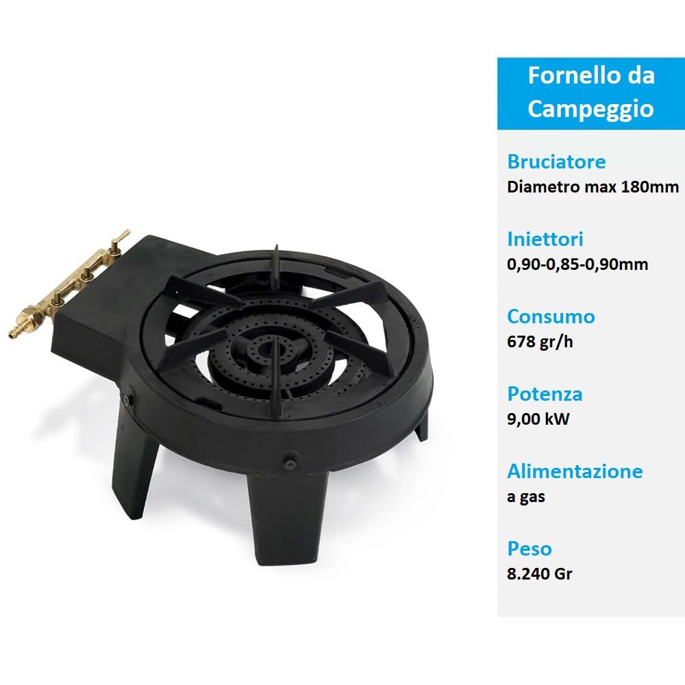Paluplus Fornello a Gas in Ghisa con 4 Piedi, Misura 40x30x16,5 cm, Bruciatore da 180 mm, 3 Rubinetti in Ottone per Regolazione della Fiamma, Fornellino per Campeggio, Picnic, Potenza 9Kw - VULC3