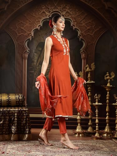 Image of Stylum Women's Solid & Embroidered Crepe A-Line Kurta with Dupatta