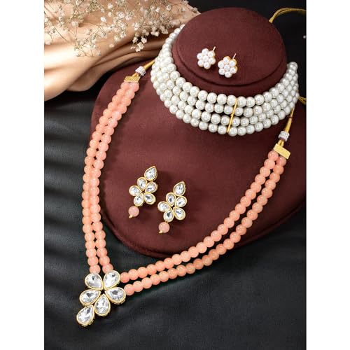 Image of Peora Crystal Faux Pearl Kundan Necklace & Jewellery Set Gift for Women