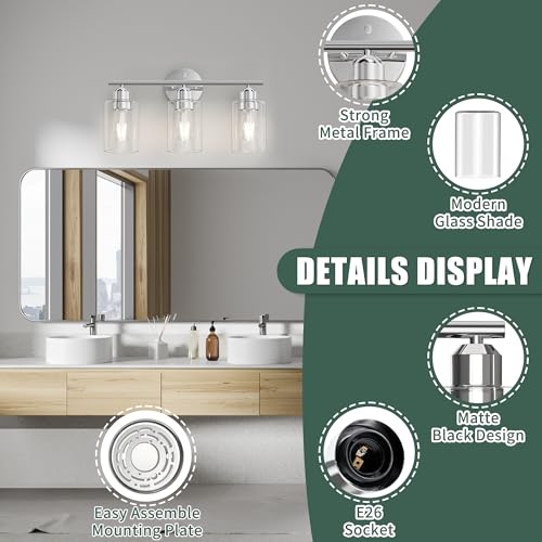 Image of Bathroom Vanity Light Fixtures Polished Chrome Bathroom Lighting Fixture, 3 Lights Bathroom Light Fixture Over Mirror, Modern Black Vanity Light, Wall Sconces with Glass Shades