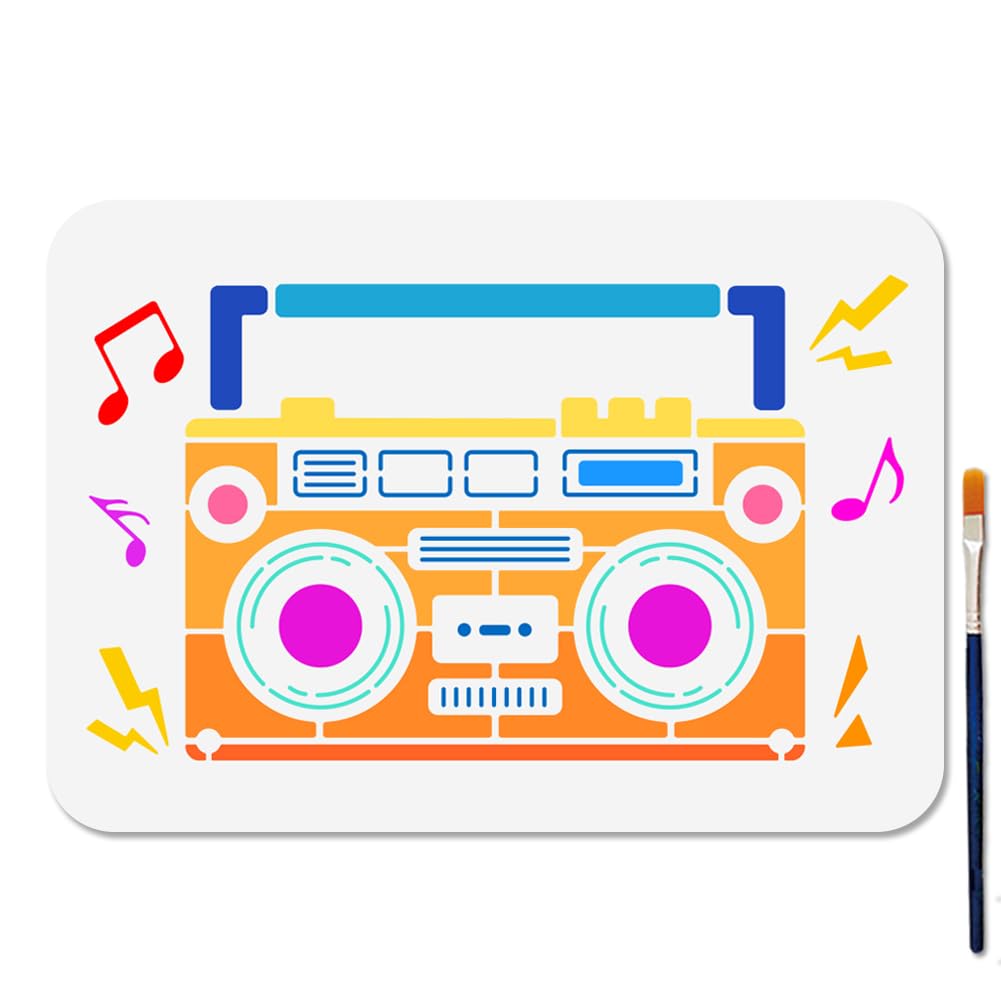 MAYJOYDIY A4 Radio Pattern Painting Stencil Music Note Stencil with Paint Brush 29.7×21cm Reusable Sound Recorder Music Template for Wood Window DIY Craft Photo Album