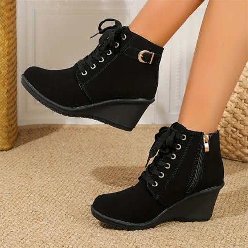 Boots for Women Ankle Booties Women's Lace up Combat Boots High Chunky Wedge Heel Booties Fashion Side Zipper Round Toe Heeled Buckle up Short Boot Autumn Winter Comfortable Shoes2