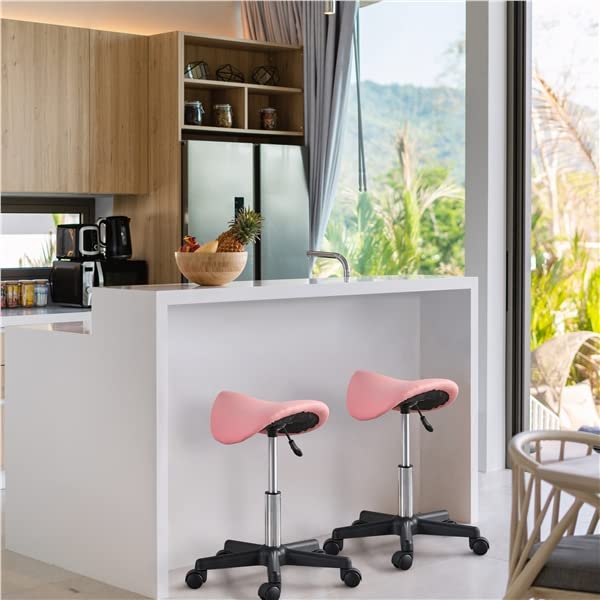 Abician Tabouret Selle de Cheval à roulettes Réglable en Hauteur 45,5-60 cm Rose pour Salon de Beauté Coiffure