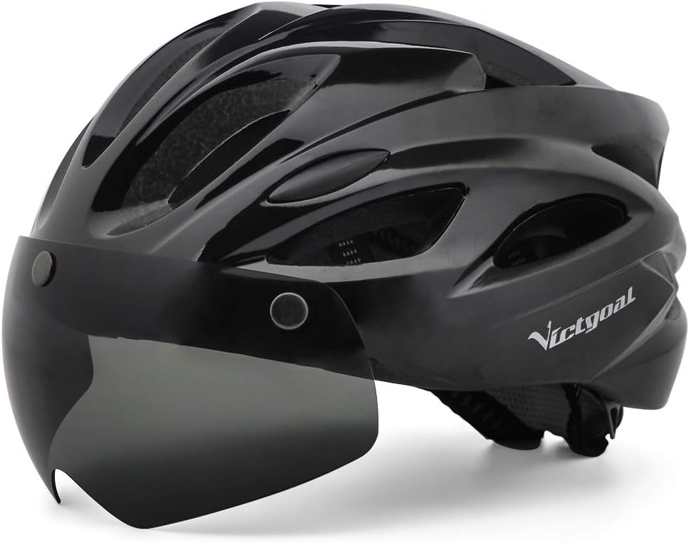 Victgoal Adults Bike Helmet for Men Women Detachable Magnetic Goggle Visor Bicycle Helmet with LED Rear Light Cycling Road Mountain Cycle Helmet (Black)