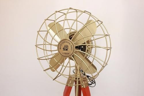 Ventilador de pie eléctrico antiguo con soporte de madera para decoración de sala de estar, ventilador náutico azul marino real con trípode de madera
