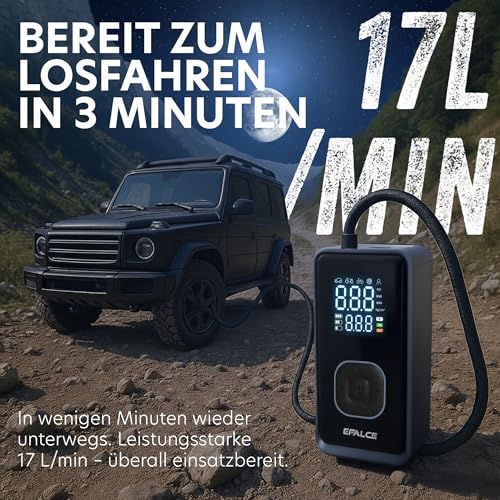 efalce Kabelloser Elektrischer Luftpumpe 150 PSI Akku Kompressor mit LED Licht, Auto Stop & Powerbank Funktion, Tragbare Fahrradpumpe & Reifenpumpe für Auto, E Bike, Motorrad & Bälle