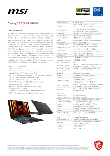 MSI Cyborg 15, Gaming-Laptop, 15,6 Zoll Full-HD 144 Hz Display, Intel Core 7 240H, NVIDIA GeForce RTX 5060, 16 GB DDR5, 1 TB SSD, Windows 11 Home, QWERTZ Tastatur, Schwarz, B2RWFKG-068