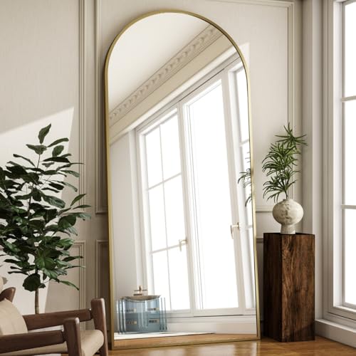 Image of Arch Top Full-Length Mirror | Floor Standing or Wall Mounted | Minimalist Design in Gold, Black & Silver | Oversized Mirror for Bedroom & Entryway (Gold, 170x70 cm)