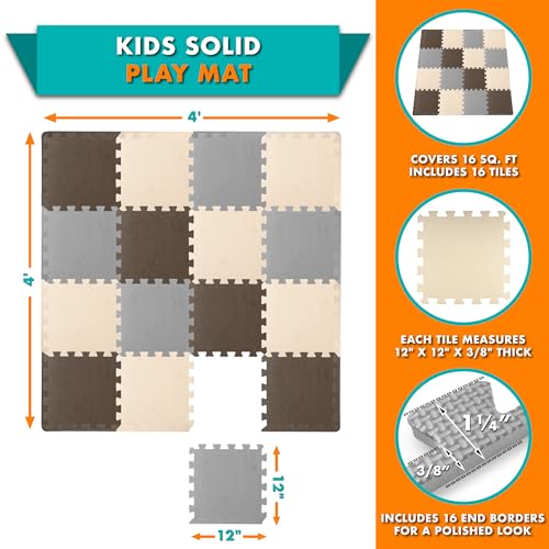 Image of ProSource Baby Play Mat, Soft Foam Floor Tiles for Kids, Interlocking EVA Panels for Playpen Use, Crawling Development Surface, Safe Non-Toxic Toddler Flooring, 16 Tiles, Brown /Beige /Gray