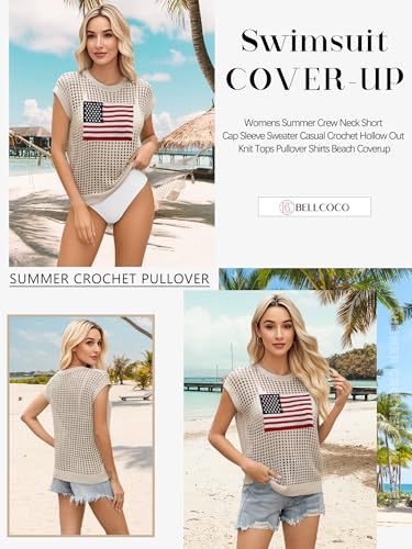 Image of Womens Summer Crochet Tops Hollow Out Cap Sleeve Cover Up Tank Top Pullover Sweater Vest Beach Vacation Clothes