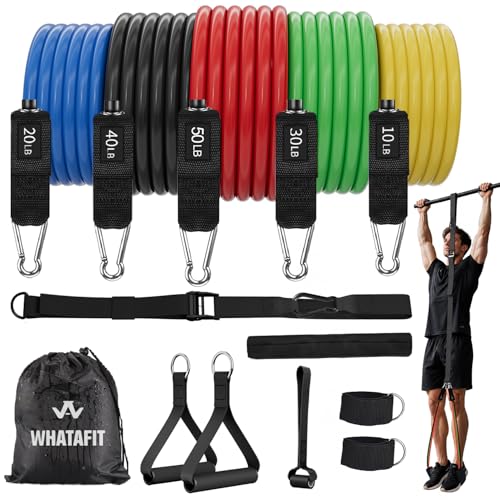 Image of WHATAFIT Resistance Bands, Exercise Bands, Workout Bands with Handles, Door Anchor and Ankle Straps, 5 Resistance Levels Fitness Bands for Strength Training, Physical Therapy, and Home Gym Equipment