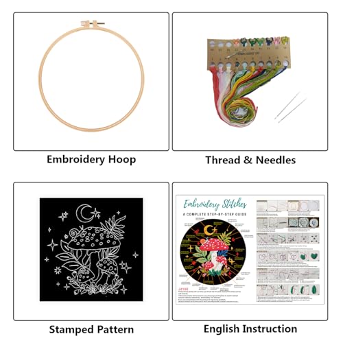 Image of Nuberlic Mushroom Embroidery Kits for Beginner Adults Cross Stitch Kit with Stamped Pattern Include Cloth Hoops Threads Needles