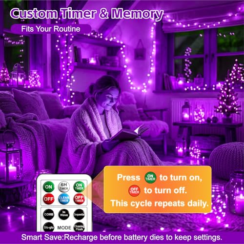 Image of 6 Pack Rechargeable Fairy Lights with Remote & DIY Timer, 7ft 20LED Dimmable Silver Wire String Light for Mason Jar, Mini Twinkle Lights for Indoor Christmas Bedroom Wedding Decor, Purple