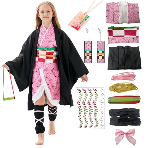 JIZAZIHU Kids Kimono Costume Cosplay Outfits Set Cloak Halloween Uniform Jackets Cape Costume for kids Adult (Pink Accessory Set Tag 130)
