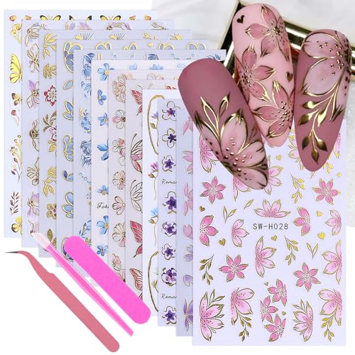 3D Flower Nail Art Stickers Decals Luxury Flower Petal Stickers with Tweezers 12 PCS Self Adhesive Pink Purple Blue Floral Gold Edge Decals Cherry Blossom Lily Summer DIY Manicure Nail Art Decoration