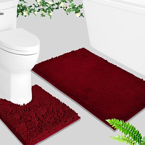Image of BOANKODU Bath Mat Set, 2 Piece - Soft Chenille, Non-Slip, 32x20 Inch + 20x20 Inch U Shape, Machine Washable (Burgundy)