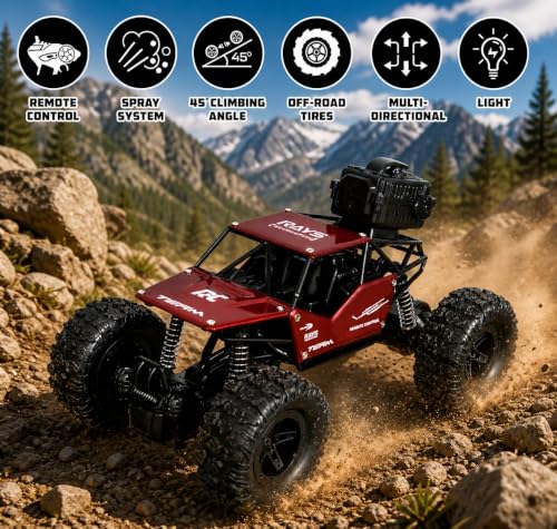 Image of Rock Crawler RC Car with Smoke Spray & LED Lights, 1:16 Scale Rechargeable Remote Control Monster Truck, High-Speed Off-Road Climbing with 5 Functions, Toy Car for Kids (Color as Per Stock)