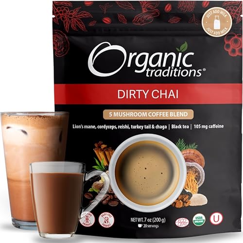 Organic Traditions Dirty Chai Mushroom Coffee, Instant Coffee with Lion’s