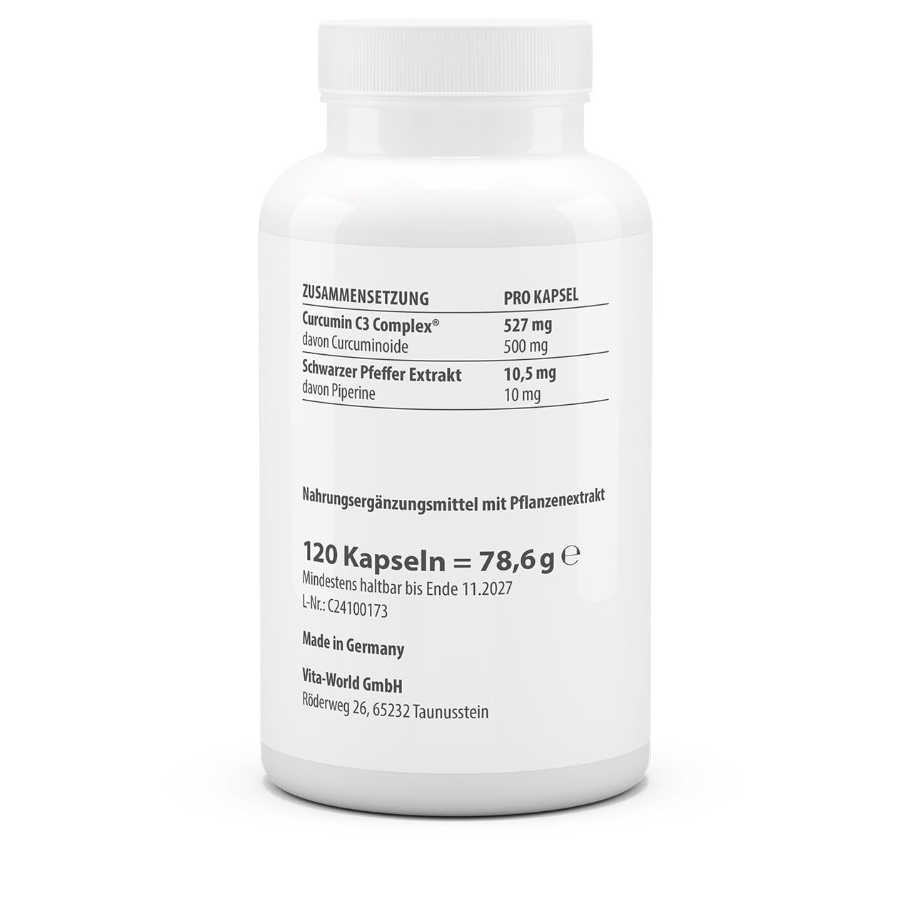 3er Pack Vita World Curcumin 500 3 x 120 Kapseln Curcumin C3 Complex® Vegan Apotheker-Herstellung 95 % Curcuminoide schwarzer und Pfeffer Extrakt 50:1
