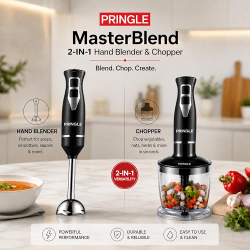 Image of Pringle MasterBlend 2-in-1 Hand Blender & Chopper | 400W Powerful DC Motor | Stainless Steel Rust-Free Detachable Arm | 2-Speed | PentaFlow Tech | Click-Fit Lock | 1-Yr Warranty | Silver & Black
