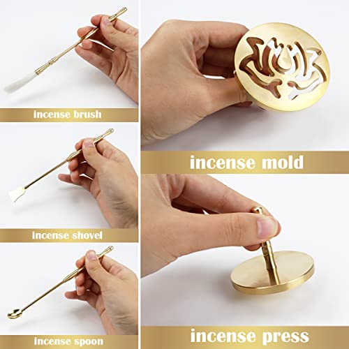 LNQ LUNIQI 5 Pcs Brass Incense Making Kit Incense Mold Tool Kit DIY Incense Lotus Incense Mold Incense Spoon Incense Press Shovel Brush for Yoga Meditation