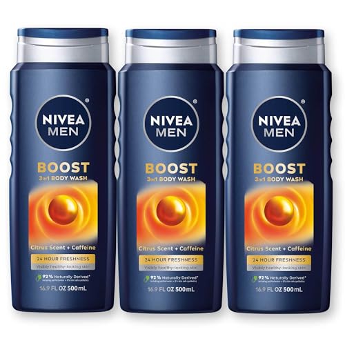 NIVEA MEN Boost 3-in-1 Body Wash, Citrus Scent and Caffeine Enriched, 16.9 Fl Oz, Pack of 3