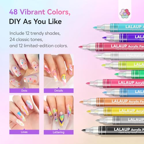 Image of SAVILAND Nail Art Pens Set: 48 Colors Quick-Drying 3D Nail Polish Pens Acrylic Paint Markers for Nail Art Painting Drawing Liner Brush Dotting Tools Kit for Home DIY & Salon Manicure