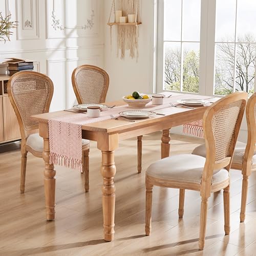 Image of ZeeMart Macrame Style Boho Table Runner, 12x36 Inch Light Pink | Woven Boho Table Runner with Handmade Tassels, Crochet Hollow Table Scarf, Farmhouse Kitchen Home Decor Dresser Runner