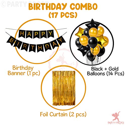 Image of Party Propz Birth Day Decorations Set- 17Pcs Happy Birthday Golden Fringe Foil Curtain, Banner (cardstock) Star Foil Baloon, and Metallic Rubber Balloons Decoration Items Combo