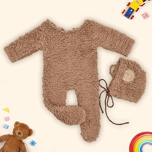 Image of Babymoon Set of 2 | Fleece Suit with Infant Baby Bear Cap Hat | Baby Photography Props Costume | Baby Gift Set | 0-3 Months | Brown